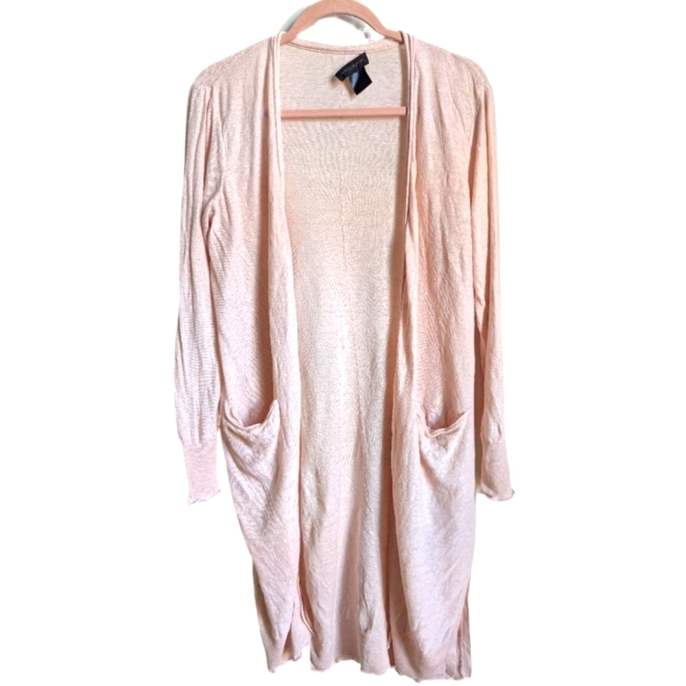 DONNA KARAN Soft Pink Feminine Open Front Long Lined Linen Cardigan Size Medium
